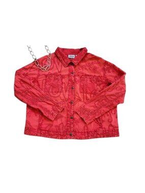 Chicos Design Red Button-Up Embroidered Love Hapiness Jacket With Side Pockets